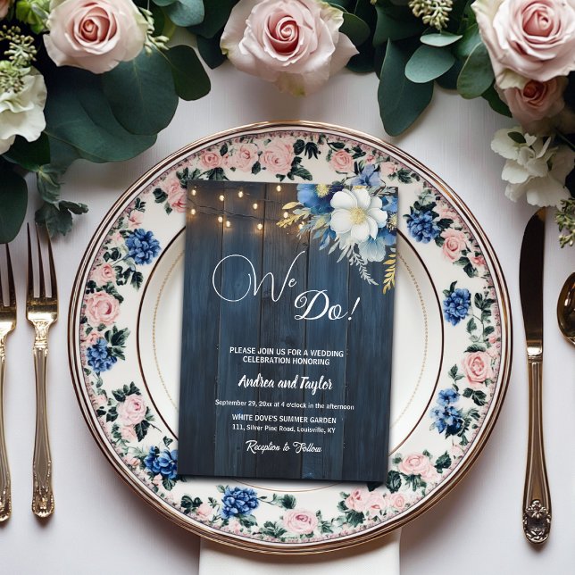 We Do! Rustic Blue Wood White Blue Floral Wedding Invitation (Creator Uploaded)