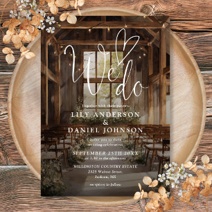We Do Rustic Boho Barn String Lights Wedding Invitation