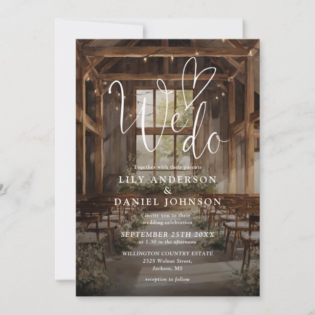 We Do Rustic Boho Barn String Lights Wedding Invitation (Front)