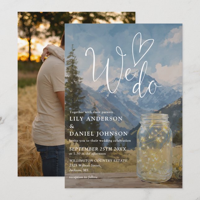 We Do Rustic Boho Mountain Mason Jar Photo Wedding Invitation (Front/Back)