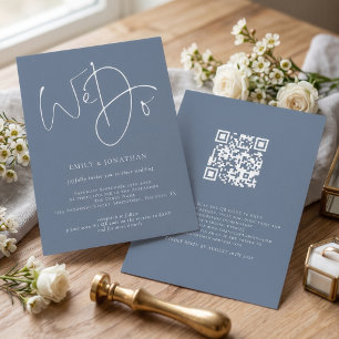 We Do Script Dusty Blue White QR Wedding Invitation