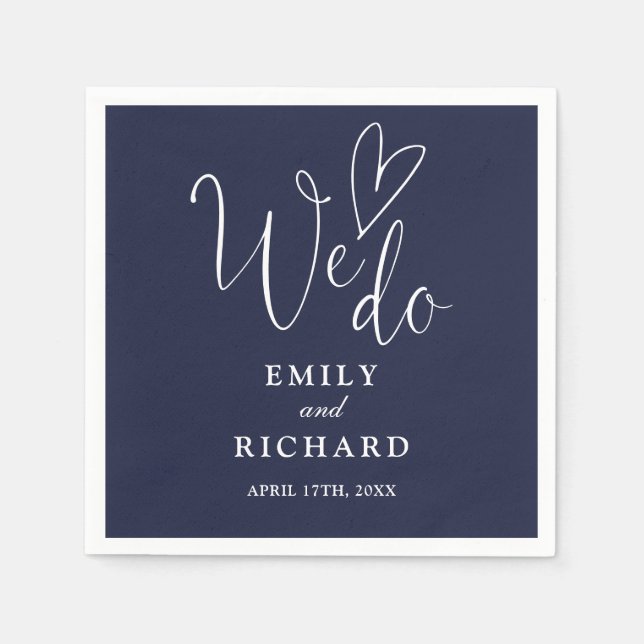 We Do Script Love Heart Navy Blue Wedding Napkin (Front)