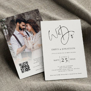 We Do Script Photo Overlay QR Black White Wedding Invitation