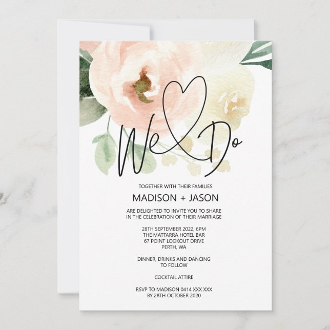 We Do Simple Modern Wedding Blush Floral Invitation (Front)