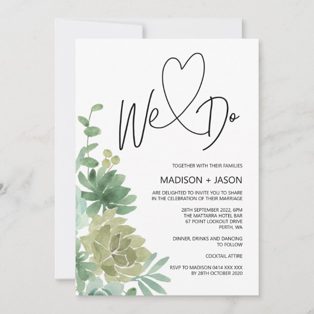We Do Simple Modern Wedding Greenery Succulents Invitation (Front)