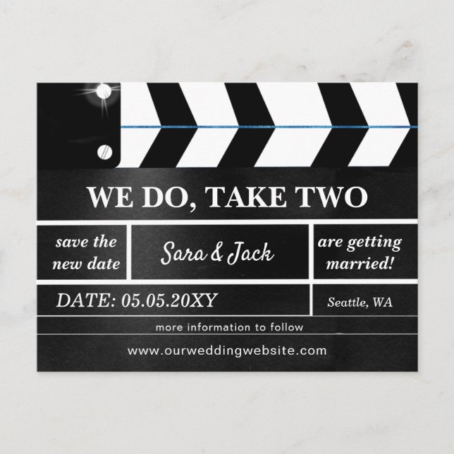 We Do Take Two Movie Clapboard Wedding Postponed Announcement Postcard (Front)