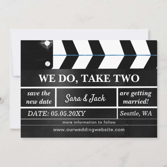 We Do Take Two Movie Clapboard Wedding Postponed Save The Date (Front)