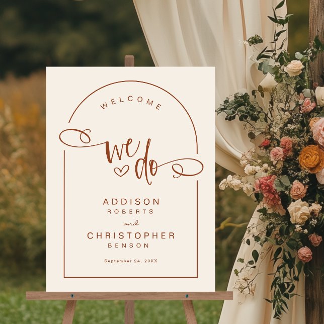 We Do Terracotta Cream Modern Wedding Welcome Acrylic Sign (Shown on an 18" x 24" acrylic sign)