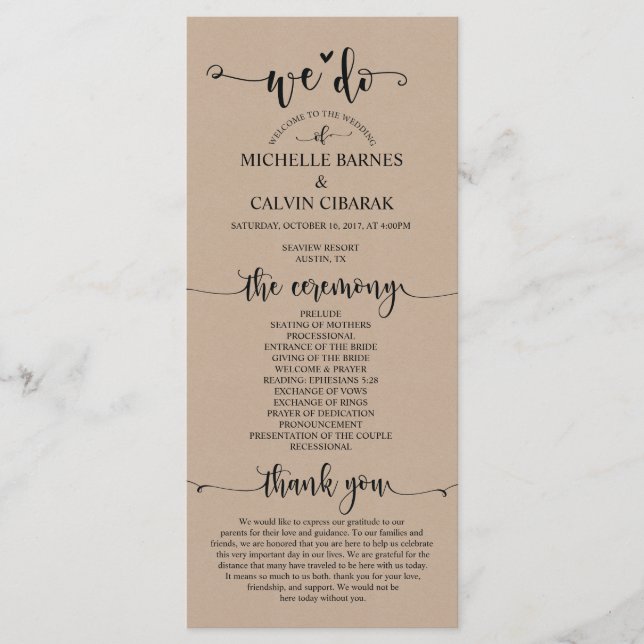 We do Wedding program card in rustic fawn theme (Front)
