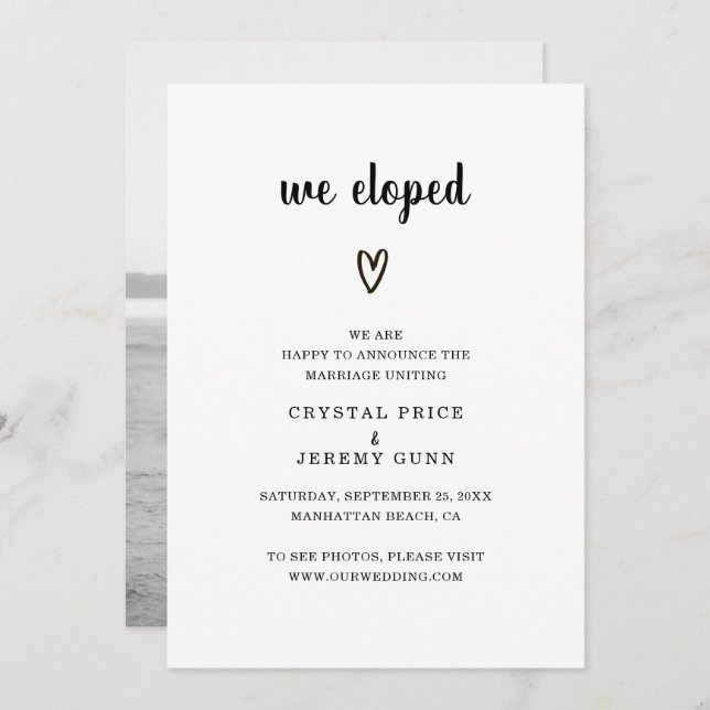 We Eloped Black and White Heart Photo Elopement Announcement (Front/Back)