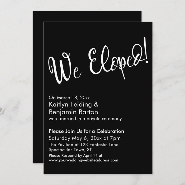 We Eloped! Black Modern Post Wedding Celebration Invitation (Front/Back)
