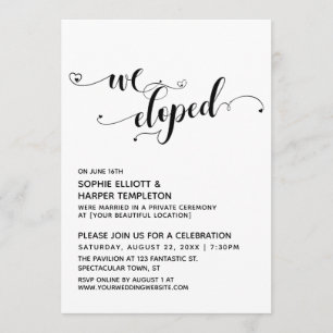 We Eloped Black & White Script w/ Hearts Reception Invitation