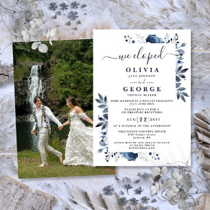 We Eloped Blue Floral Wedding Elopement Photo Invitation