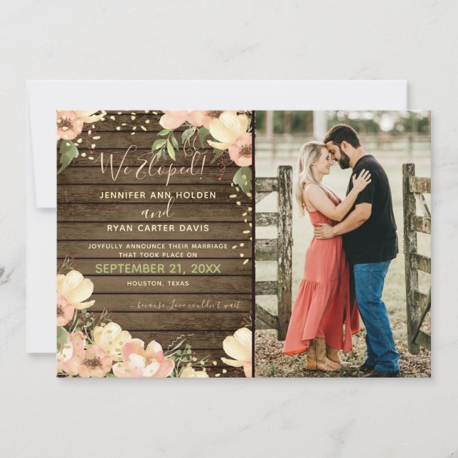 We Eloped Blush Floral Rustic Wood Wedding Invitation (Front)