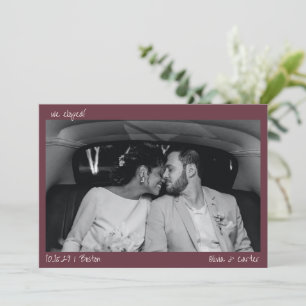 We Eloped Burgundy Handwritten Two Photo Wedding Announcement