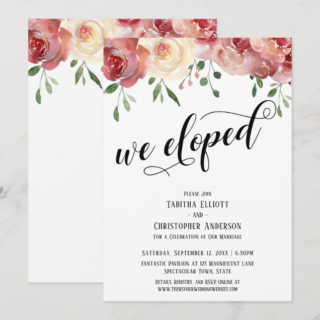We Eloped Calligraphy, Burgundy, Blush Roses Invitation (Front/Back)