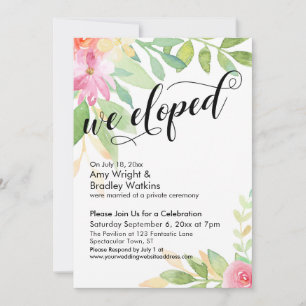 We Eloped Calligraphy Pink Watercolor Flowers Invitation