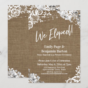We Eloped Casual Script, Burlap Lace Lights Floral Invitation