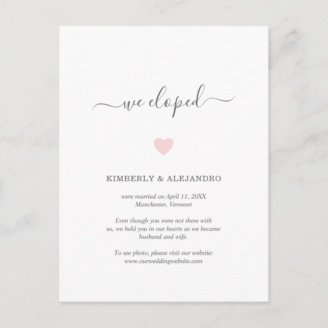 We Eloped Cute Pink Heart Wedding Elopement Announcement Postcard (Front)