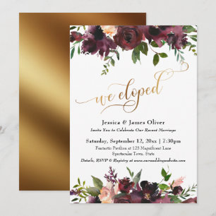 We Eloped Deep Red Burgundy Floral Gold Script Invitation