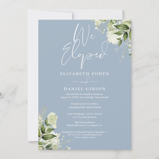 We Eloped Dusty Blue Wedding Vows Greenery Party Invitation (Front)