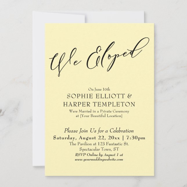 We Eloped, Elegant Simple Pale Yellow Celebration Invitation (Front)