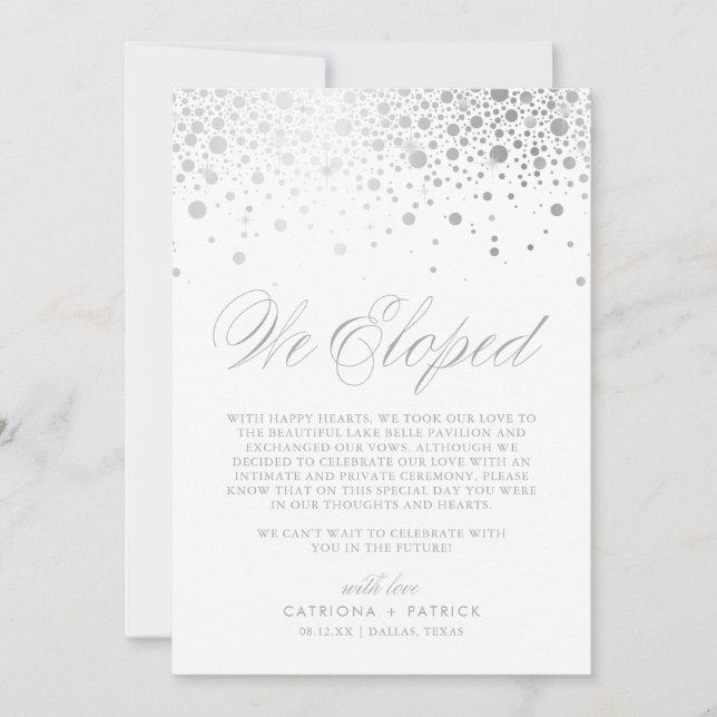 We Eloped Faux Silver Foil Confetti White Wedding Announcement (Front)
