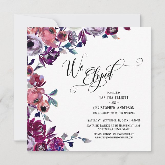 We Eloped Flourishing Script Bold Flowers Invitation (Front)