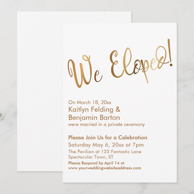 We Eloped! Gold and White Post Wedding Celebration Invitation (Front/Back)
