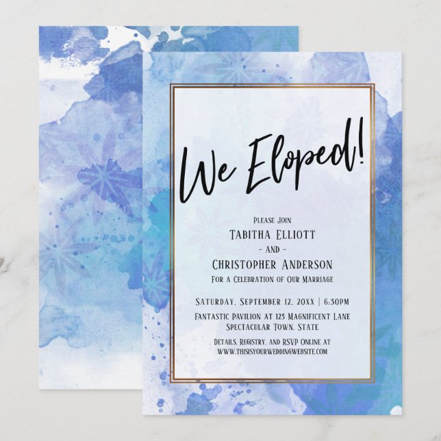 We Eloped! Gold Border Abstract Blue Splashes Invitation (Front/Back)