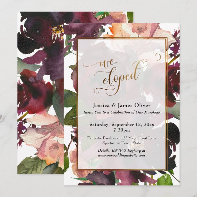 We Eloped Gold Script, Dark Red Burgundy Floral Invitation (Front/Back)
