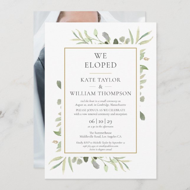 We Eloped Greenery Photo Wedding Invitation (Front/Back)