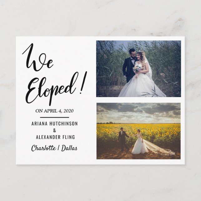 We Eloped Handwritten Casual Two Wedding Photo Announcement Postcard (Front)