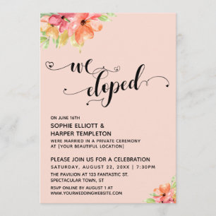 We Eloped Hearts Script Watercolor Flowers Invitation