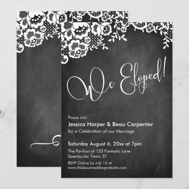 We Eloped! Modern Calligraphy Chalkboard & Lace Invitation (Front/Back)