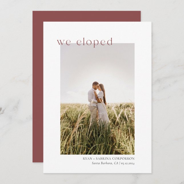 We Eloped Modern Minimalist Cinnamon Announcement (Front/Back)