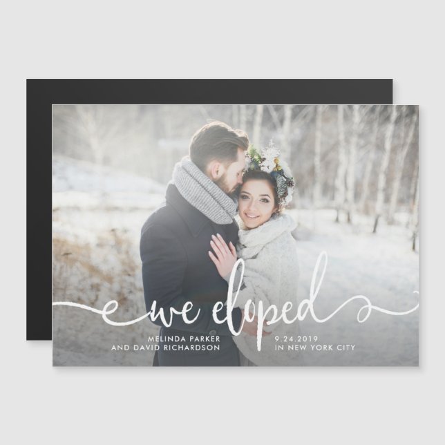 We Eloped | Modern Rustic Photo Magnetic Invitation (Front/Back)
