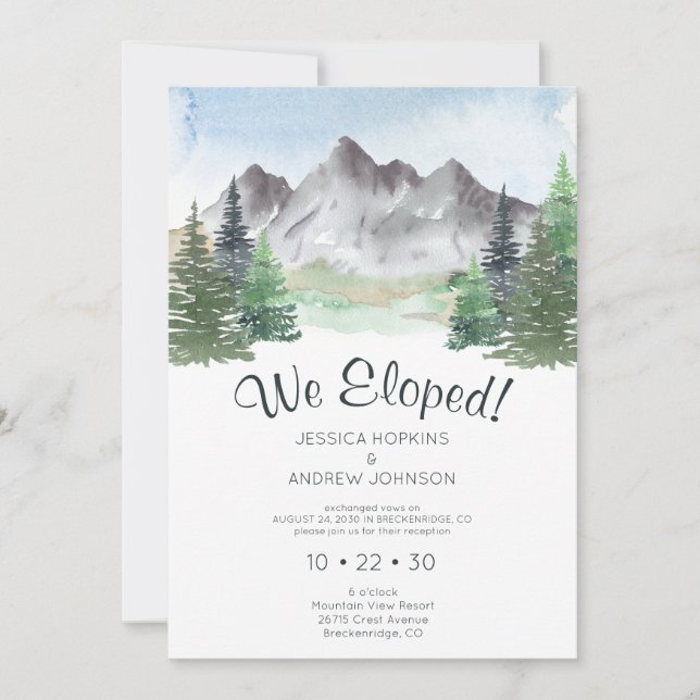 We Eloped Mountain Watercolor Reception Invitation (Front)