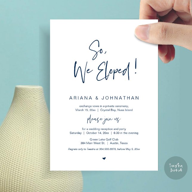 We Eloped, Navy Blue, Wedding Elopement Invitation (So, We Eloped, Modern Wedding Elopement Dinner Invitation Card, PDF, in Navy Blue)