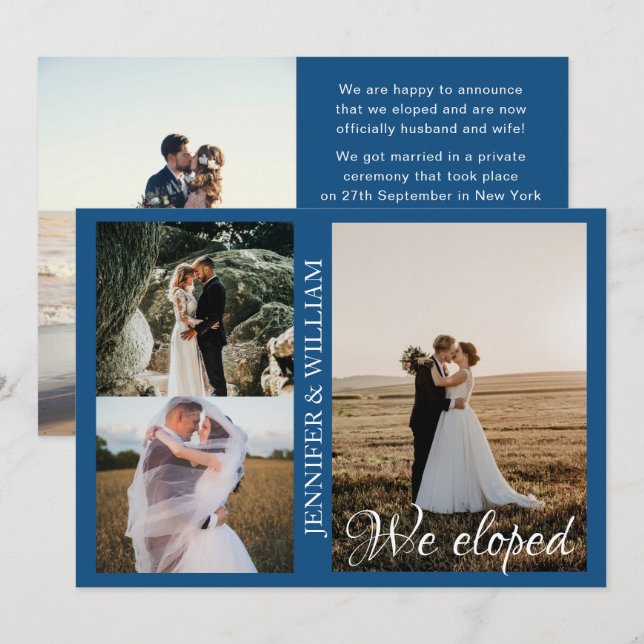 We Eloped Photo Collage Blue Wedding Announcement  (Front/Back)