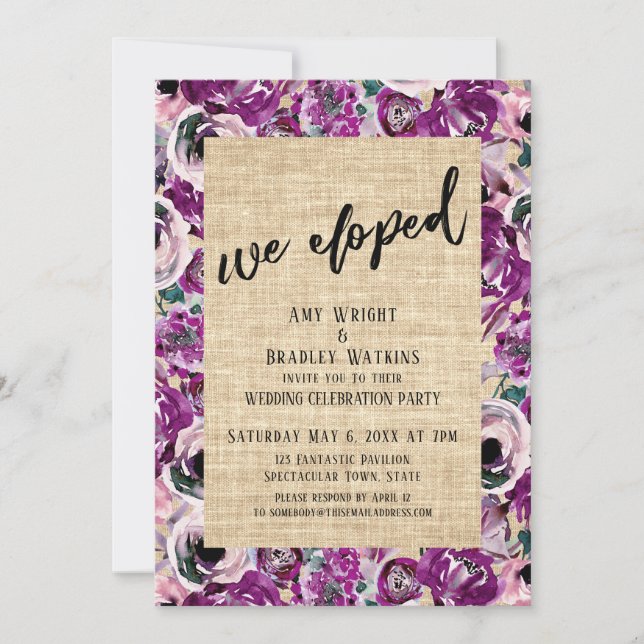 We Eloped Pink Painted Floral Burlap Reception Invitation (Front)