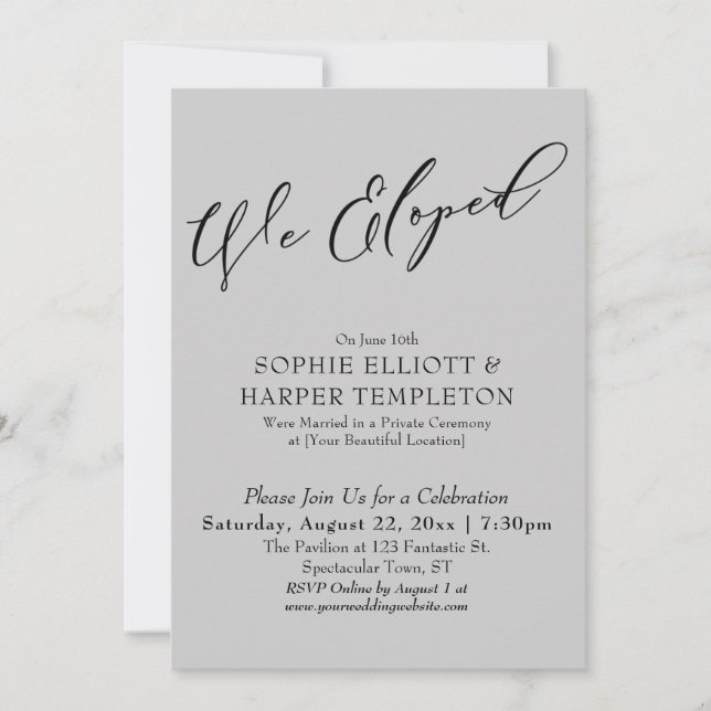 We Eloped, Pretty Elegant Simple Grey Celebration Invitation (Front)