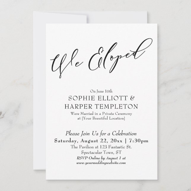 We Eloped Pretty, Simple Black White Celebration Invitation (Front)