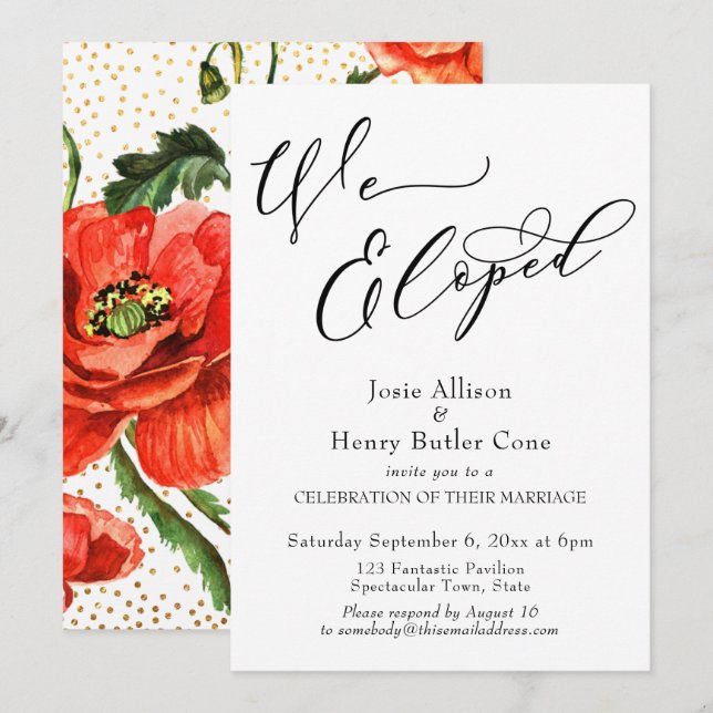 We Eloped Reception, Red Poppies Gold Confetti Invitation (Front/Back)