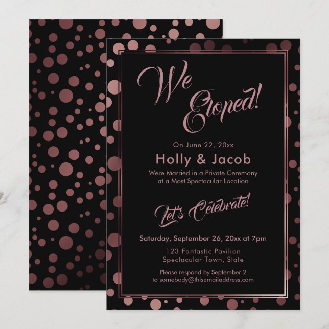 We Eloped! Rose Gold Confetti Bubbles Over Black Invitation (Front/Back)