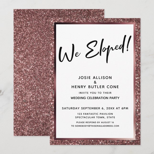We Eloped! Rose Gold Glitter Reception-Only Invitation (Front/Back)