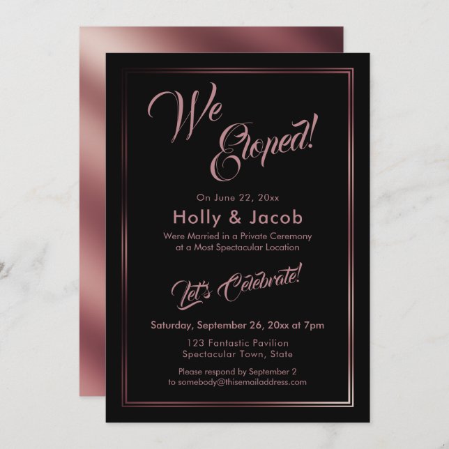 We Eloped Rose Gold Over Black Reception Invitation (Front/Back)