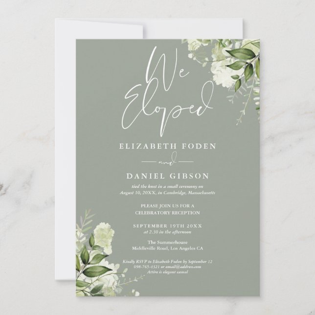 We Eloped Sage Green Wedding Vows Greenery Party Invitation (Front)