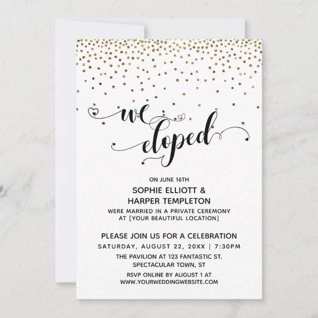We Eloped Script, Gold Confetti, Reception Invitation (Front)