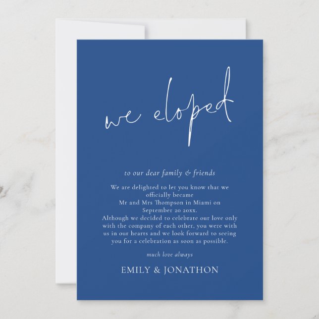 We Eloped Script Mid Blue Elopement Announcement (Front)
